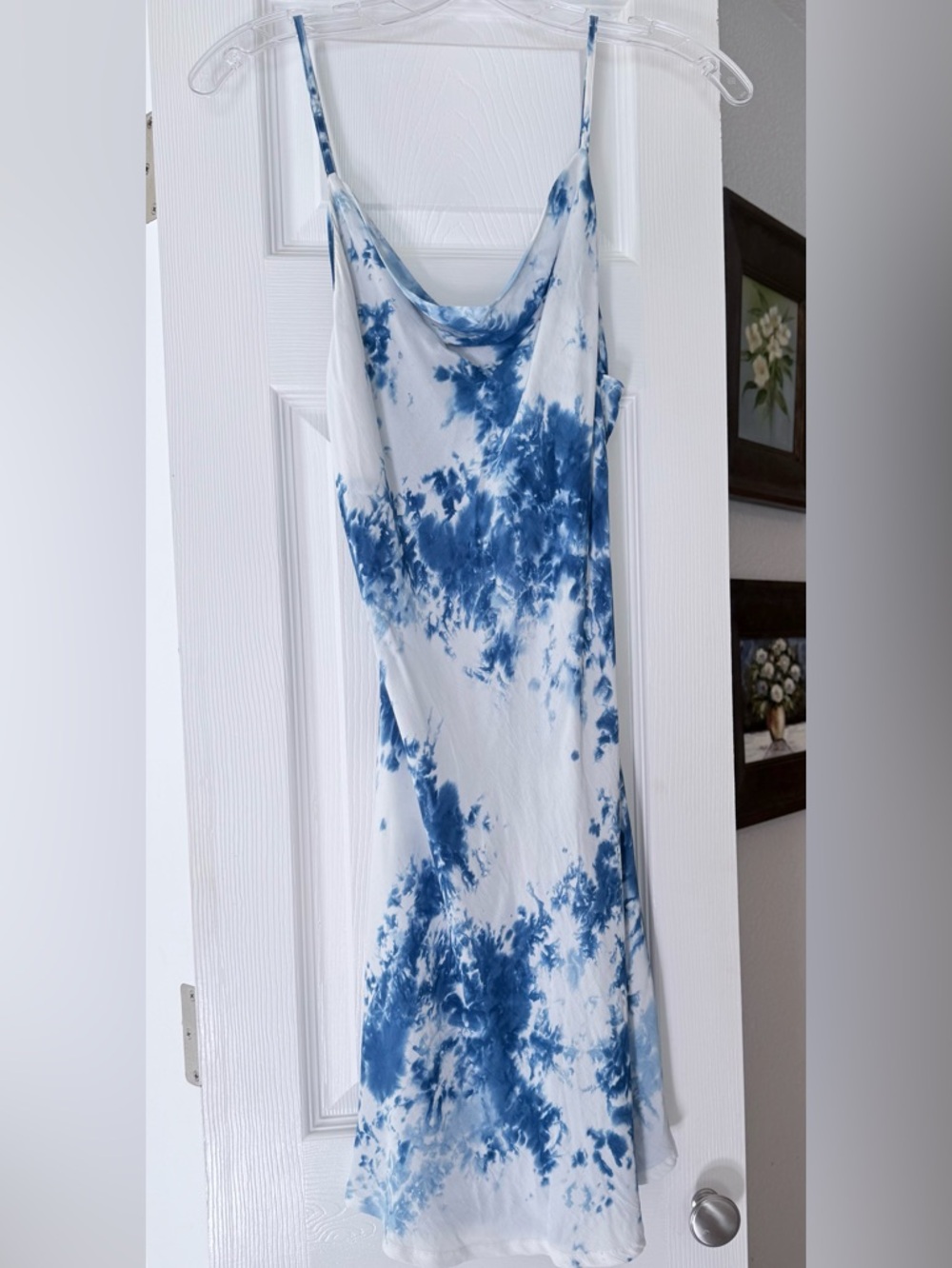 White & Blue Tie-Dye Slip Mini Dress